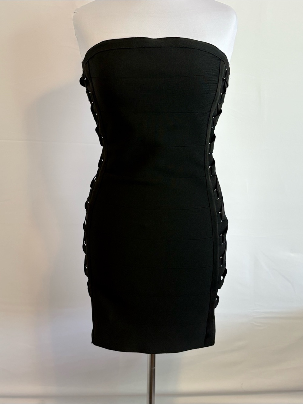 Aris Black Strapless Lace-Up Bodycon Dress